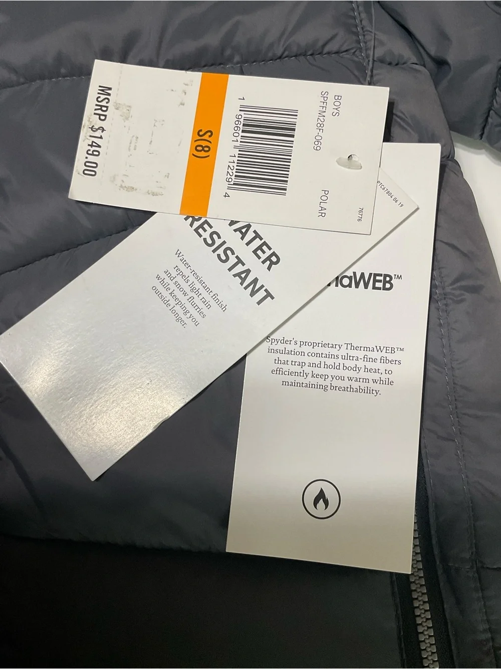 Spyder Boys Puffer Jacket Size 8 S Gray Polar Hooded Insulated NWT $149